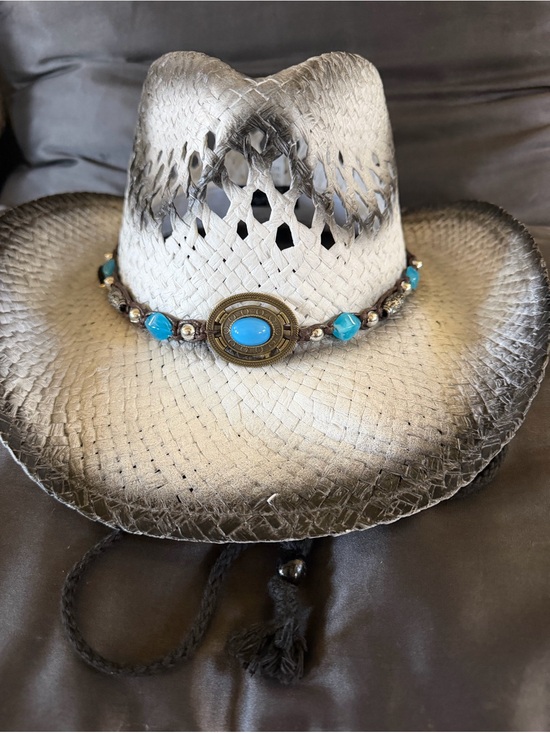 unbranded Accessories - NWT Straw Cowboy Hat w/Turquoise Concho.  *sweatband 23”  (Boho, Western, Beach)